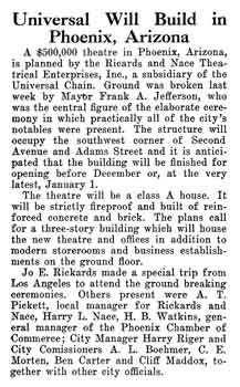 News of the new theatre as published in the 1st July 1927 edition of <i>Motion Picture News</i>, held by the Museum of Modern Art in New York and digitized by the Internet Archive (355KB PDF)