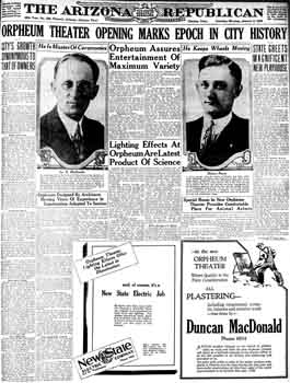 Full-page spread on the theatre’s opening from the 5th January 1929 edition of <i>The Arizona Republican</i>, digitized by Newspapers.com (1.9MB PDF)
