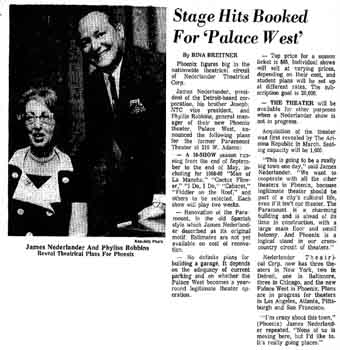 News of the Nederlander Organization taking over management of the theatre, from the 9th April 1968 edition of <i>The Arizona Republic</i>, digitized by newspapers.com (280KB PDF)