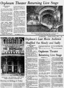 News of movies ceasing at the Orpheum in favor of returning to live stage entertainment, as printed in the 17th November 1976 edition of <i>The Wichita Eagle</i> (3.3MB PDF)