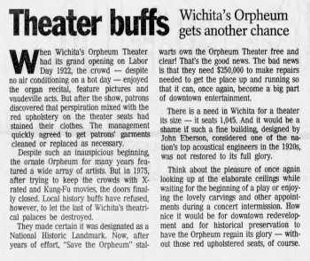 News of the start of the theatre’s resurgence, as reported in the 23rd December 1993 edition of <i>The Wichita Eagle</i> (360KB PDF)