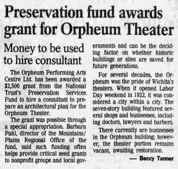 News of grant awarded to the Orpheum Performing Arts Center Ltd., as reported in the 18th March 1994 edition of <i>The Wichita Eagle</i> (440KB PDF)