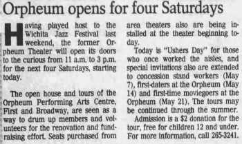 News of open houses being hosted at the theatre, as printed in the 30th April 1994 edition of <i>The Wichita Eagle</i> (270KB PDF)