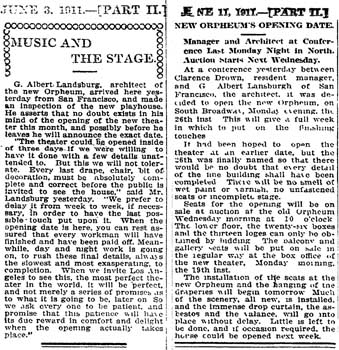 Two short articles from the 3rd & 11th June 1911 editions of the <i>Los Angeles Times</i> intimating the delay in opening the new theatre and the reasons for the delay (590KB PDF)