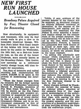 Announcement in the 6th October 1929 edition of the <i>Los Angeles Times</i> of the forthcoming improvements to be undertaken by Fox West Coast for their new <i>Fox Palace Theatre</i>, slated to open on 16th October 1929 (520KB PDF)