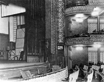 Auditorium and Stage in 1929, note the annunciator on the Proscenium. Courtesy Los Angeles Public Library (JPG)