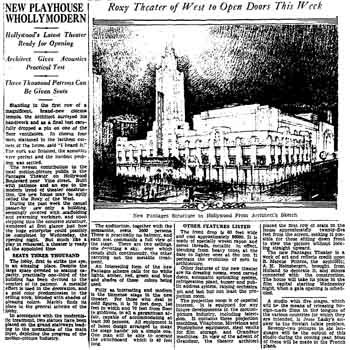 Preview of the Pantages Theatre including an overview of its modern features, as printed in the 1st June 1930 edition of the <i>Los Angeles Times</i> (190KB PDF)