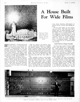 News of the new Pantages Theatre, as printed in the 7th June 1930 edition of <i>Motion Picture News</i>, courtesy the Museum of Modern Art in New York (1.7MB PDF)