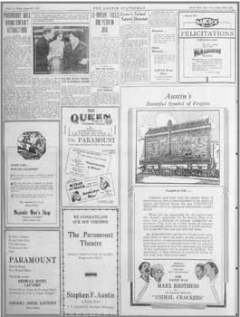 Advertisement in the 29th August 1930 edition of the <i>Austin American-Statesman</i> featuring the theatre’s reopening (220KB PDF)