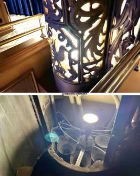 Brooklyn Paramount, New York City: Auditorium column interior closeup, showing original multi-colored lamp sockets in column base