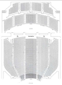 Seating Chart, note first three rows of removable seats over Orchestra Pit lidt area, and fourth row on removable rostra (160KB PDF)