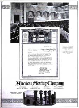American Seating Company advertisement featuring the Pasadena Playhouse from “Moving Picture News” dated 23 January 1926 – with thanks to Bob Foreman (630KB PDF)