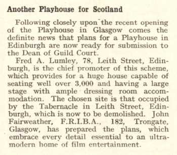 News of another Playhouse for Scotland, as printed in the 24th November 1927 edition of <i>The Bioscope</i> (280KB PDF)