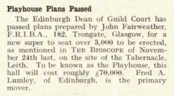 News of plans for the theatre being accepted, as printed in the 12th January 1928 edition of <i>The Bioscope</i> (150KB PDF)