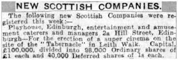 Formation of the company to build the theatre, with £100,000 in capital, as printed in the 11th February 1928 edition of the <i>Dundee Courier</i> (JPG)