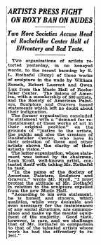 News of certain sculptures being banned from the new Radio City Music Hall, as printed in the 16th December 1932 edition of the <i>New York Times</i> (55KB PDF)