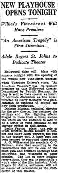 News of the theatre’s opening, as printed in the 19th January 1927 edition of the <i> Los Angeles Times</i> (50KB PDF)