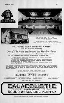 Advertisement for Calacoustic sound absorbing plaster from the March 1927 edition of <i>Architect and Engineer</i> (320KB PDF)