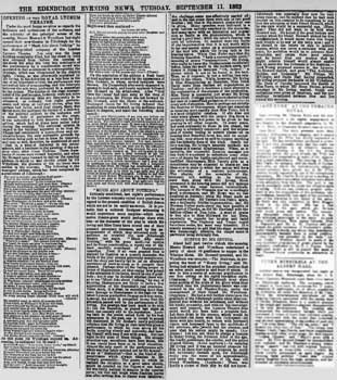 Review of the opening night from “The Edinburgh Evening News” of 11th September 1883, courtesy Johnston Press Plc, scanned online by the British Newspaper Archive (600KB PDF)