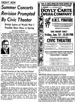 Editorial previewing the opening of the new theatre as printed in the 9th January 1965 edition of the <i>San Diego Evening Tribune</i>, held by the San Diego Public Library (410KB PDF)