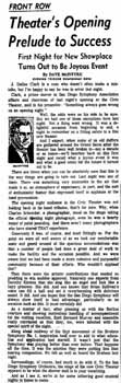 Columnist opinion by Dave McIntyre on the theatre’s opening, as printed in the 13th January 1965 edition of the <i>San Diego Evening Tribune</i>, held by the San Diego Public Library (290KB PDF)