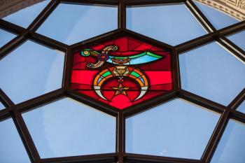 Shrine Auditorium, University Park, Los Angeles: Greater Metropolitan Area: Vestibule window closeup