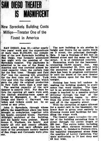 Review of the theatre’s opening as published in the 25th August 1912 edition of the <i>Santa Ana Register</i> (470 KB PDF)