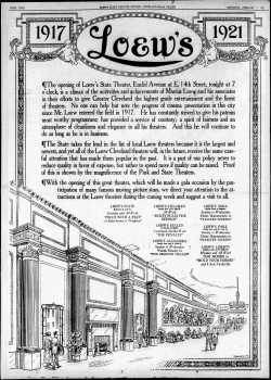 Loew’s Ad, featuring a drawing of the extremely long lobby and its murals, as printed in the 5th February 1921 edition of <i>The Plain Dealer</i> (4.6MB PDF)