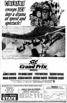 Newspaper Ad for the gala premiere of “Grand Prix” presented in Cinerama at the theatre, as printed in the 8th February 1967 edition of <i>The Plain Dealer</i> (3.4MB PDF)
