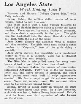 A review of vaudeville at the State from the 16th June 1928 edition of <i>Exhibitors Herald and Moving Picture World</i>, held by the Library of Congress and digitized by the Internet Archive (150KB PDF)