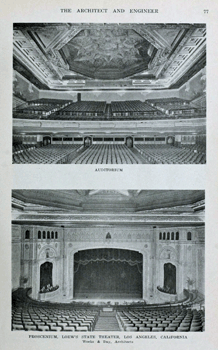 Two photographs of the State Theatre’s auditorium as featured in the July 1923 edition of <i>The Architect and Engineer</i>, held by the San Francisco Public Library and digitized by the Internet Archive (350KB PDF)