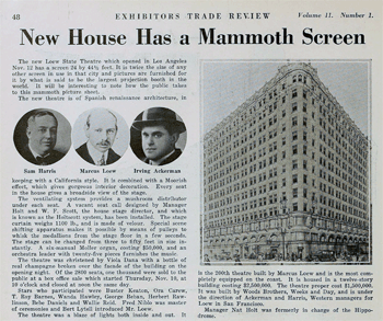 Half-page feature on the newly-opened State Theatre from the 3rd December 1921 edition of <i>Exhibitors Trade Review</i>, held by the San Francisco Public Library and digitized by the Internet Archive (790KB PDF)