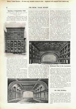 Feature on the opening of Studebaker Hall and University Hall from the 1st October 1898 edition of <i>The Music Trade Review</i>, courtesy Musical Box Society International / International Arcade Museum (820KB PDF)