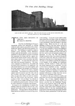 3-page feature on the Fine Arts Building from the April 1911 edition of <i>The International Studio</i>, held by the Hathi Trust Digital Library and digitized by Google (1.4MB PDF)