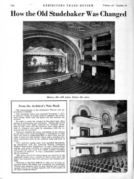 Feature on the improvements made to the Studebaker Theater from the 5th August 1922 edition of <i>Exhibitors Trade Review</i>, held by the Library of Congress and digitized by the Internet Archive (770KB PDF)
