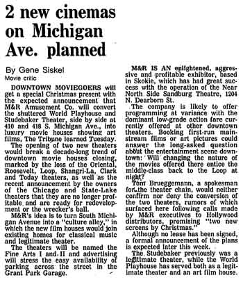 News of the forthcoming reopening of the Studebaker Theater as reported in the 8th December 1982 edition of the <i>Chicago Tribune</i> (600KB)