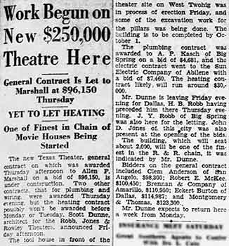 News of working commencing on the new theatre, as printed in the 3rd May 1929 edition of the <i>San Angelo Evening Standard</i> (430KB PDF)