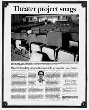 News of the theatre’s stalled renovation, as printed in the 6th January 2008 edition of the <i>San Angelo Standard Times</i> (560KB PDF)