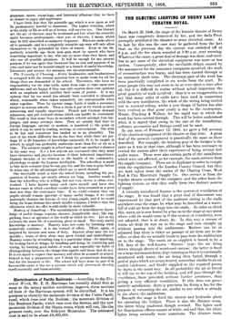 Three-page feature on the rebuild of the theatre’s stage lighting systems, following the March 1908 fire, as printed in the 18th September 1908 edition of <i>The Electrician</i>, courtesy Princeton University (1.9MB PDF)