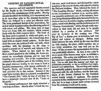 Review of the first theatre’s opening on 28th November 1867, as reported in the next day’s <i>Glasgow Herald</i> (915KB PDF)