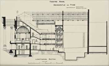 Overview of the 1895 remodeling of the auditorium and front of house areas, including plan, longitudinal section, and auditorium sketch; as reported in the 23rd February 1895 edition of <i>The Builder</i>, courtesy <i>Getty Research Institute</i> (1.1MB PDF)