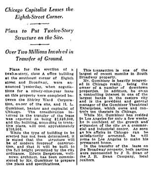 Report of H.L. Gumbiner’s plans for the plot of land as reported in the 12th March 1921 edition of the <i>Los Angeles Times</i> (480KB PDF)