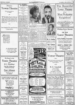 Preview of the theatre’s opening night, surrounded by congratulatory adverts, as printed in the 12th October 1927 edition of the <i>Los Angeles Times</i> (6MB PDF)