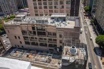 Tower Theatre, Los Angeles, Los Angeles: Downtown: Theatre building as seen from across 8th St, atop the Chapman Building, in Summer 2020