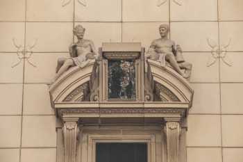 Tower Theatre, Los Angeles, Los Angeles: Downtown: 8th St façade figures closeup, after terracotta wall tile restoration in 2019/20