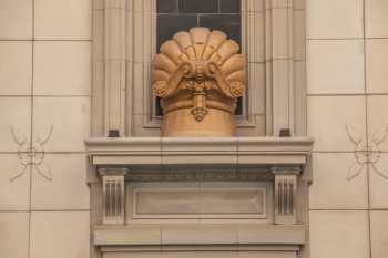 Tower Theatre, Los Angeles, Los Angeles: Downtown: 8th St façade shell decoration closeup, after terracotta wall tile restoration in 2019/20