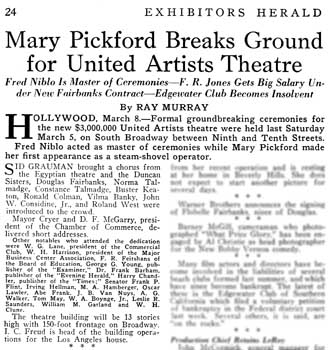 News of ground breaking ceremony as featured in <i>Exhibitors Herald</i> (12 March 1927), held by the Museum of Modern Art Library in New York and scanned online by the Internet Archive (380KB PDF)