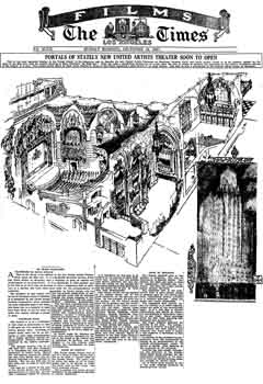 3D sketch and preview of the theatre as printed in the 18th December 1927 edition of the <i>Los Angeles Times</i> (430KB PDF)