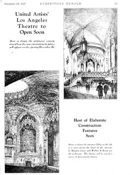 Sketches ahead of opening as featured in <i>Exhibitors Herald</i> (24 December 1927), held by the Museum of Modern Art Library in New York and scanned online by the Internet Archive (260KB PDF)