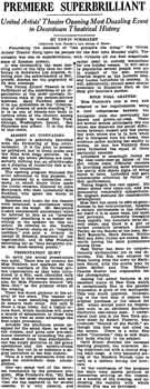 Review of the spectacular gala opening night, as printed in the 28th December 1927 edition of the <i>Los Angeles Times</i> (140KB PDF)